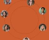 Photos of employees on a dashed circle