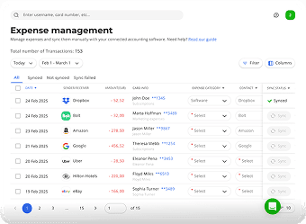 Expense management interface showing transaction details, including dates, amounts, categories, and sync status