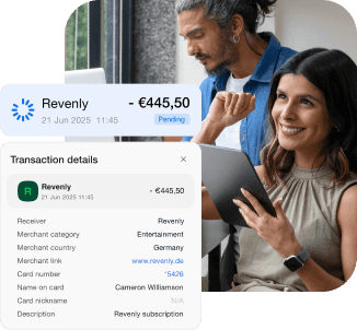 A woman and a man review the details of a pending transaction