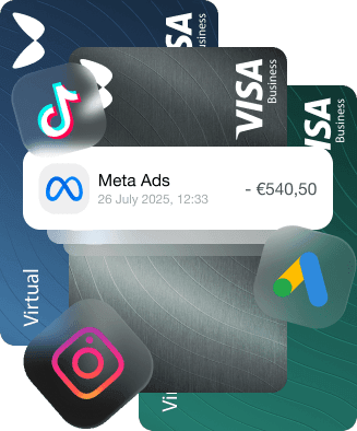 Virtual business Visa cards with logos of Instagram, TikTok, Google Ads, and Meta Ads. A transaction for €540.50 to Meta Ads dated July 26, 2025 is displayed