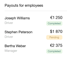 Employee payouts list with names, roles, amounts, and statuses
