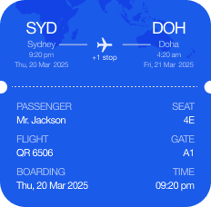 Flight ticket from Sydney to Doha with a stopover, passenger details and flight information