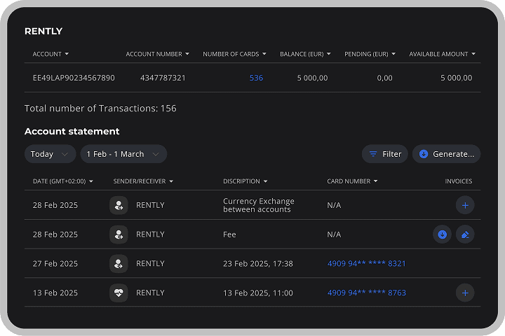 The Wallester mobile app dashboard interface