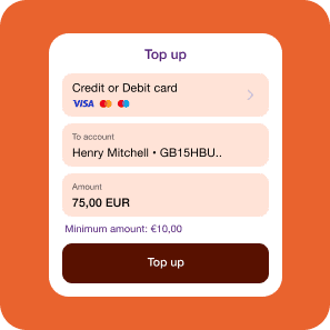 Interface allowing to top up a card via the Wallester app