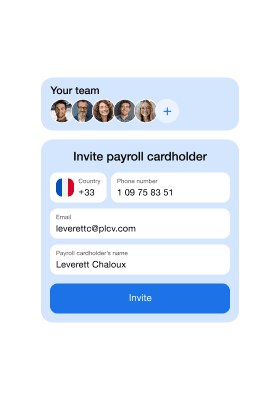 Payroll app screen showing a form to invite a payroll cardholder, with country selector, email input, and invite button.