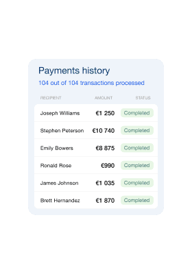 Payments history screen listing recent payroll transactions with employee names, amounts, and completed status.